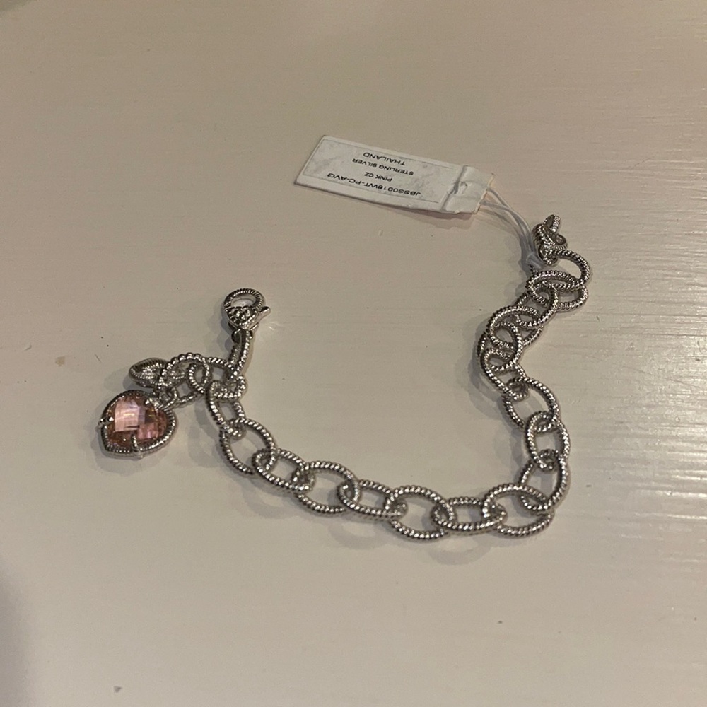 Judith Ripka new sterling silver & pink cz heart charm bracelet